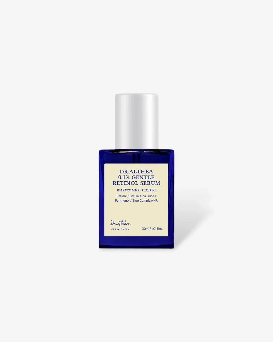 Dr. Althea 0.1% Gentle Retinol Serum in blue bottle with silver cap, 30ml skincare product