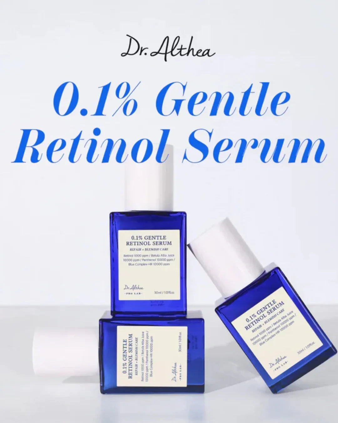 Dr. Althea 0.1% Gentle Retinol Serum blue bottles with white caps on white background