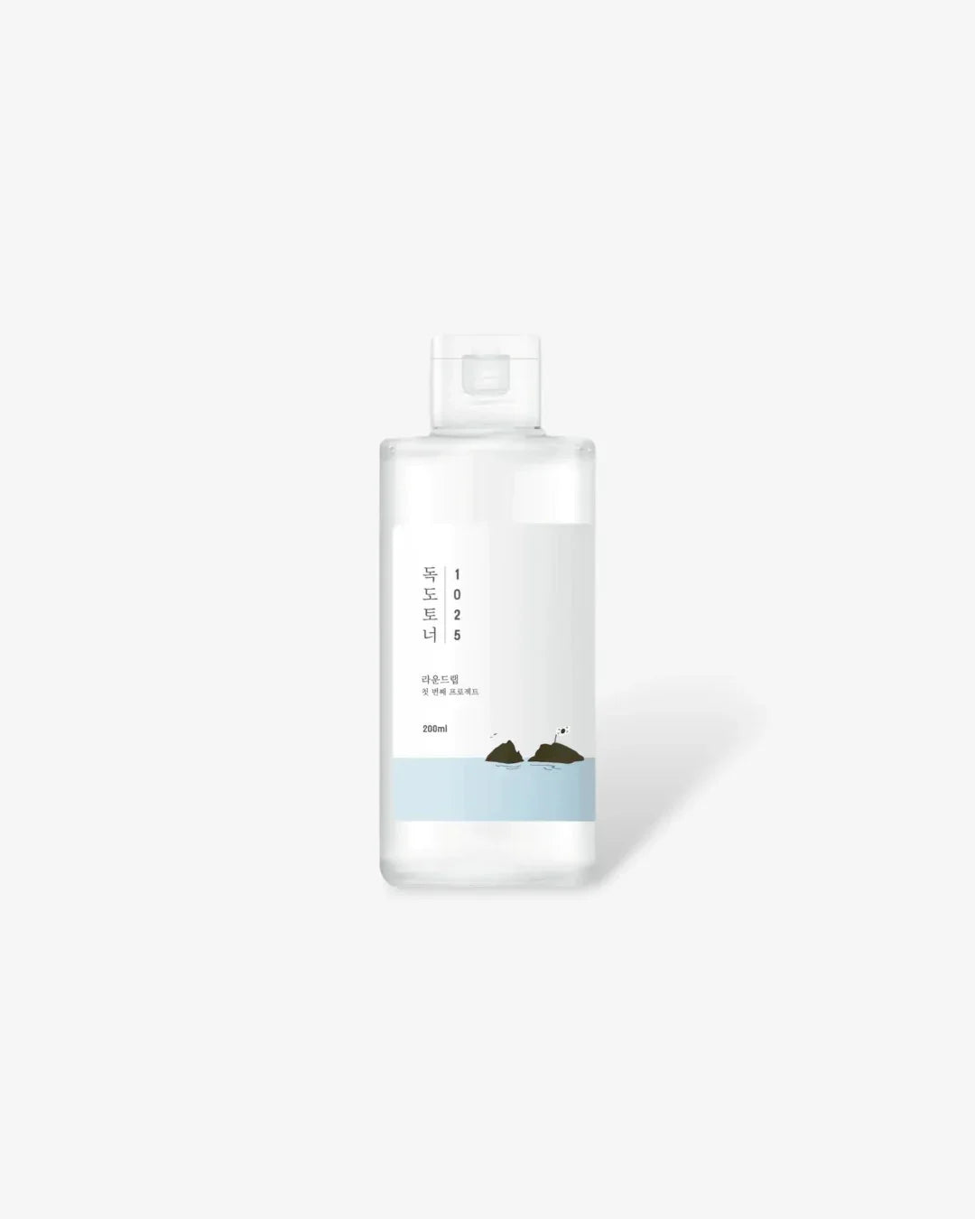 Clear 200ml Dokdo Toner bottle with blue label and Korean text on white background