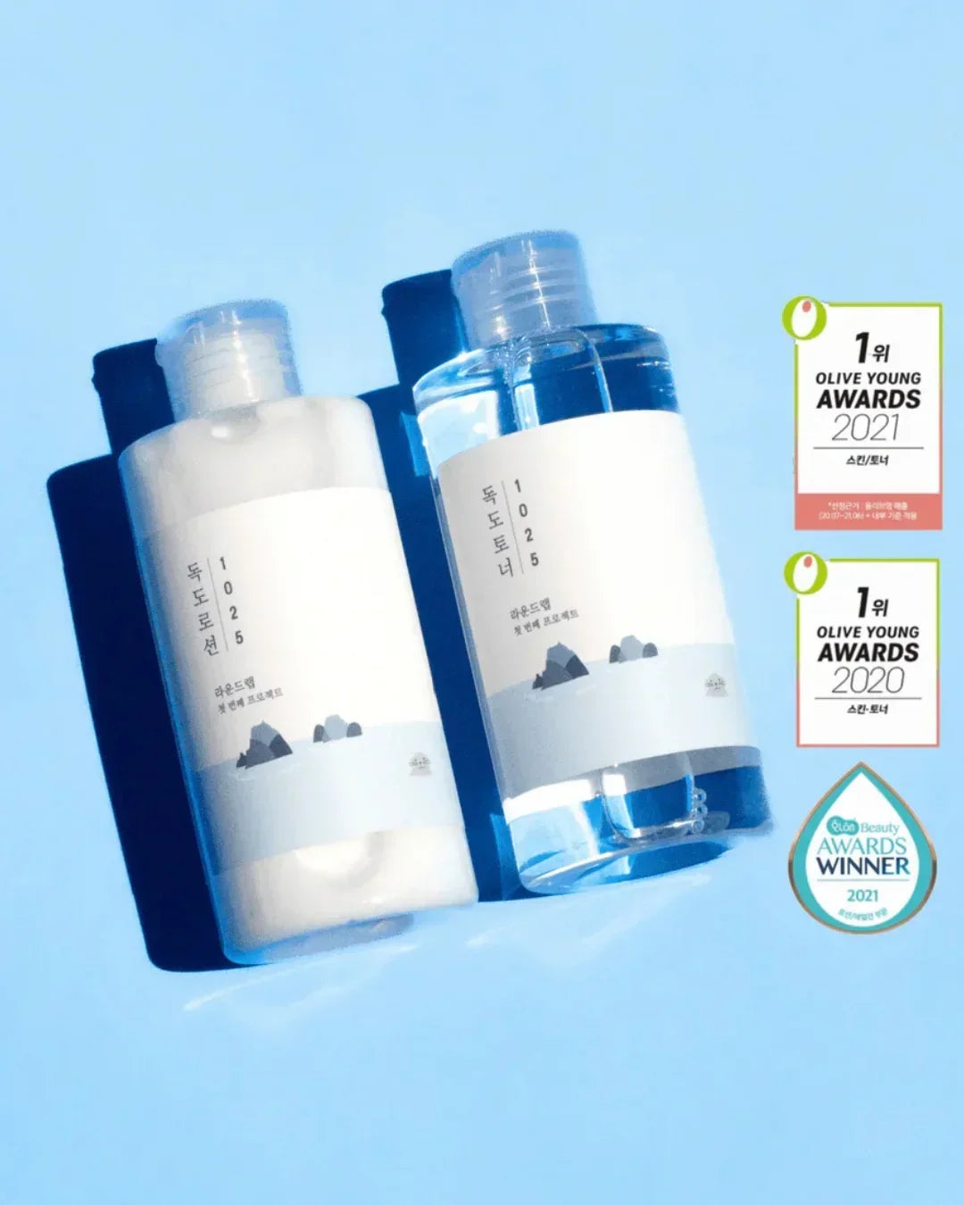 Dokdo skincare set with toner and lotion bottles on blue background and award badges for 2020 and 2021