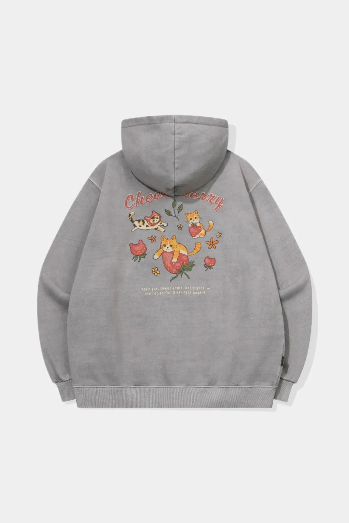 Ghost gray hooded zip-up sweatshirt with playful cats and strawberry graphic on back