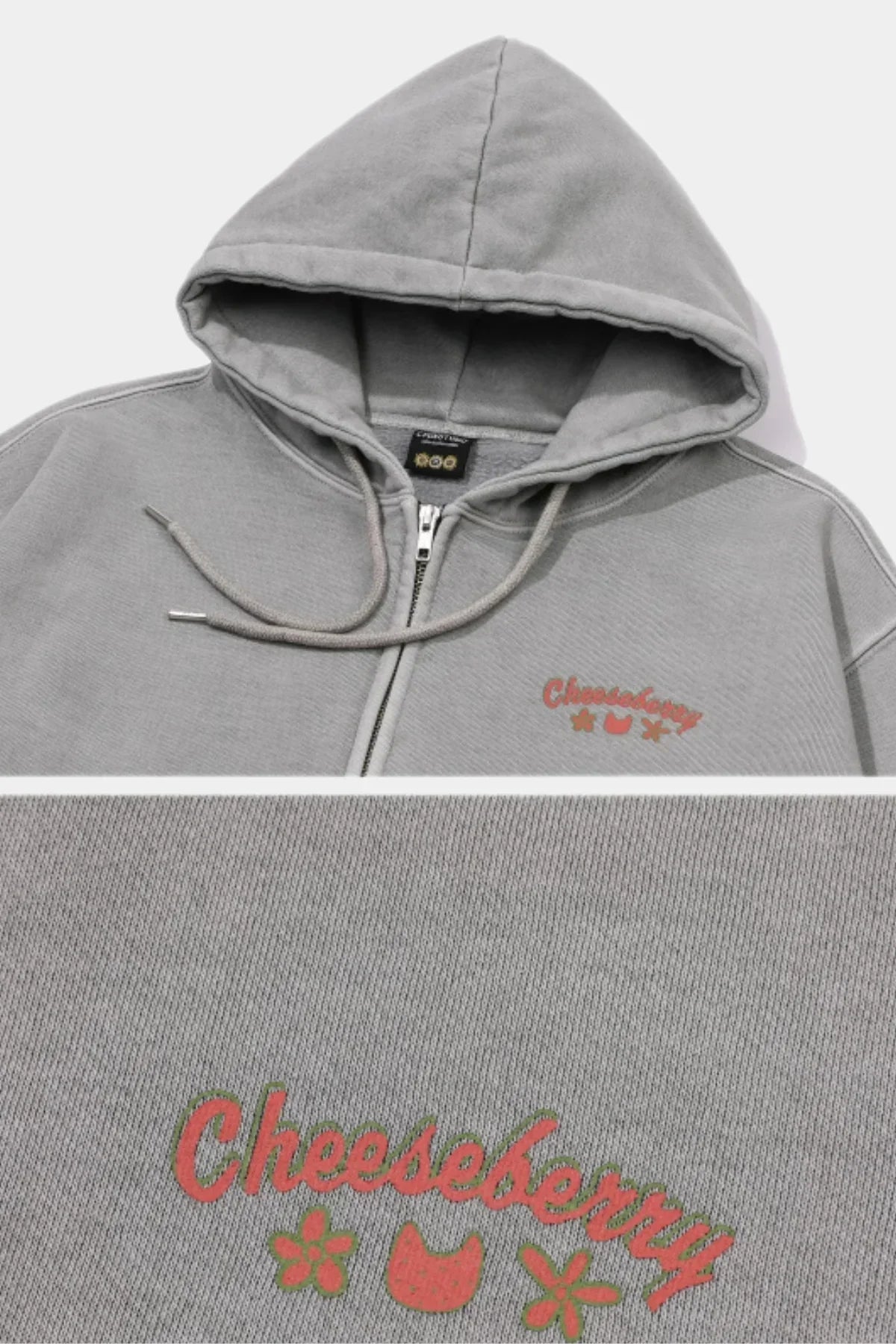 Ghost gray hooded zip-up hoodie with pink and green Cheeseberry logo and floral design