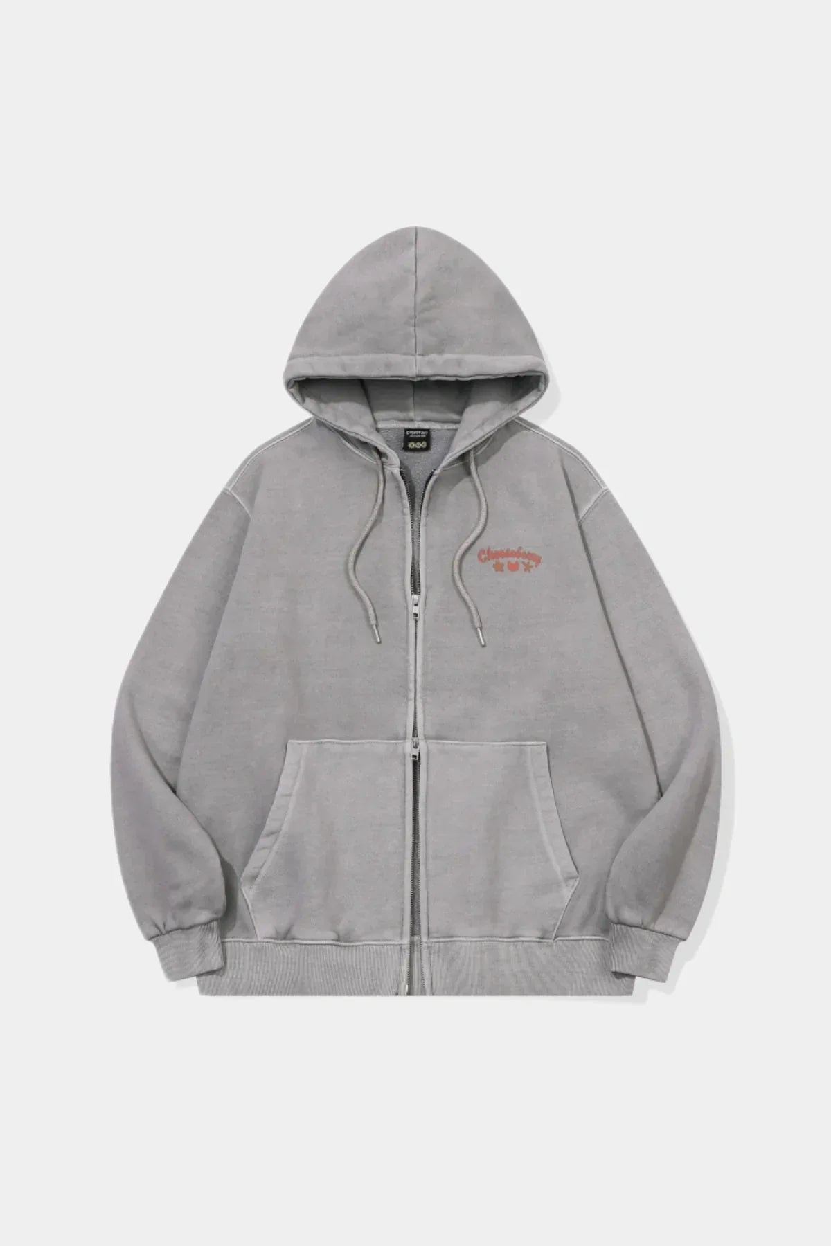 Ghost gray hooded zip-up sweatshirt with front pockets and red cheeseburg graphic