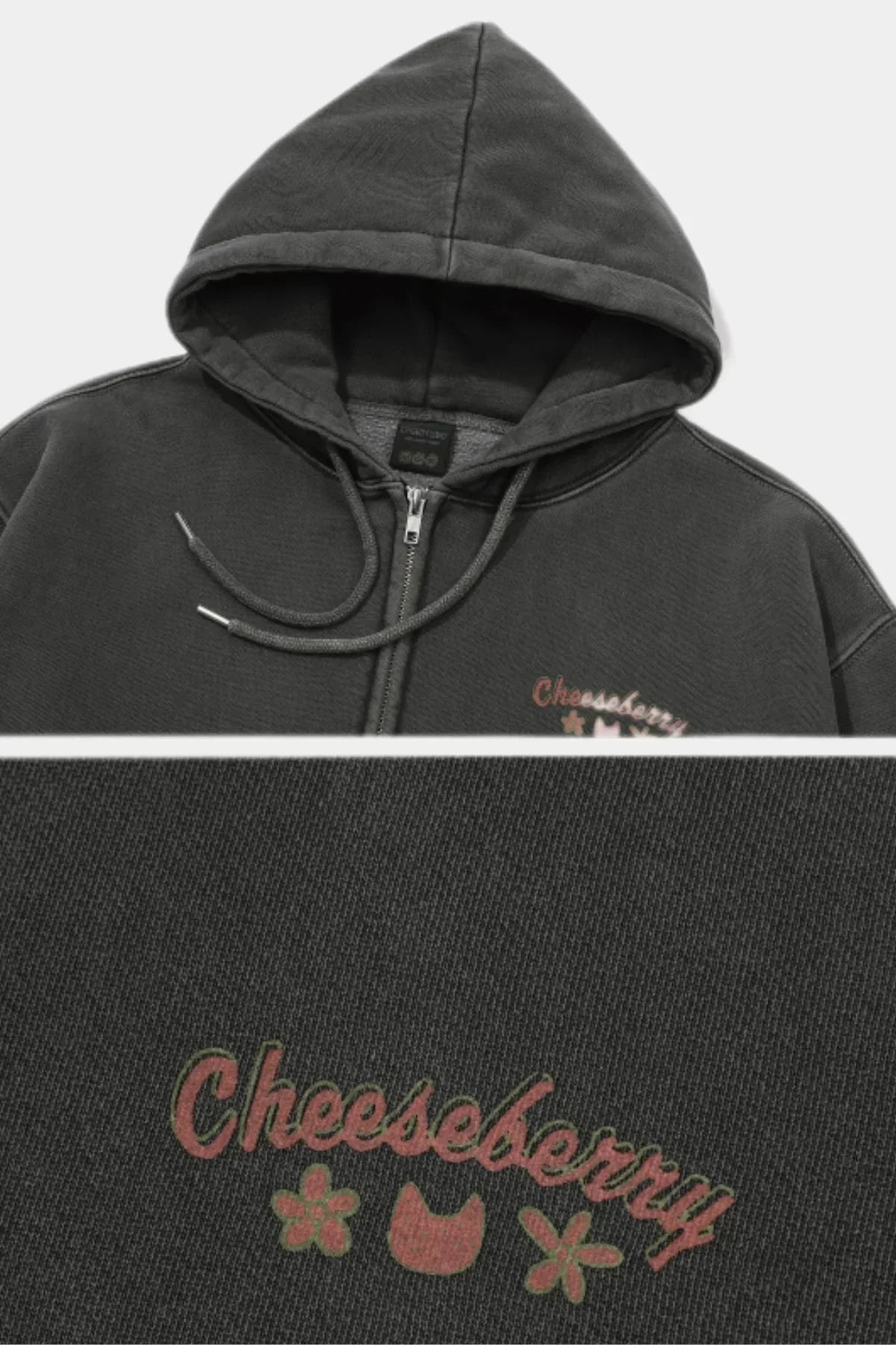 Smoke black hooded zip-up sweatshirt with drawstring and Cheeseberry logo embroidery with flowers