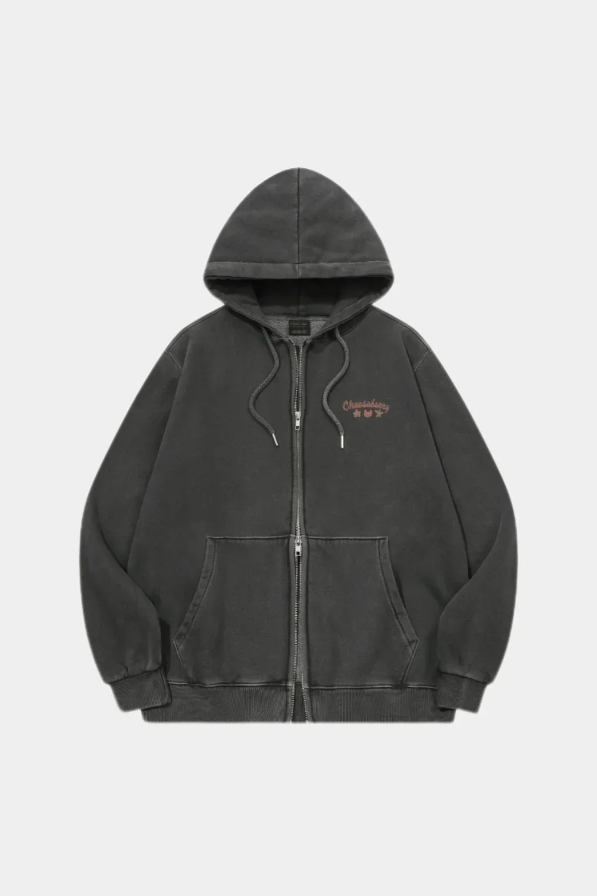Smoke black zip-up hoodie with hood, front pockets, and Chesadberry logo on chest