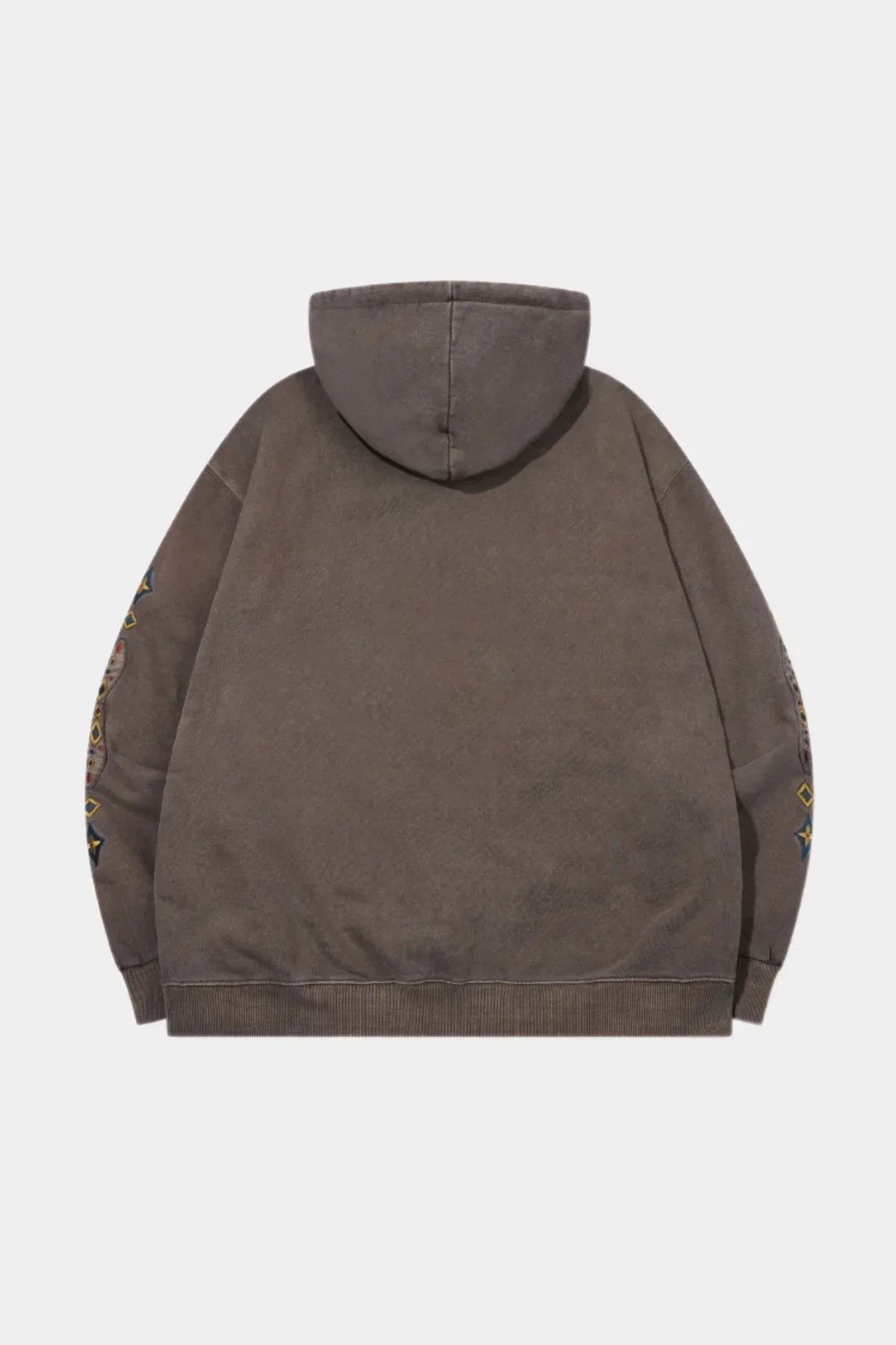 Back view of brown hooded zip-up sweatshirt with embroidered designs on sleeves