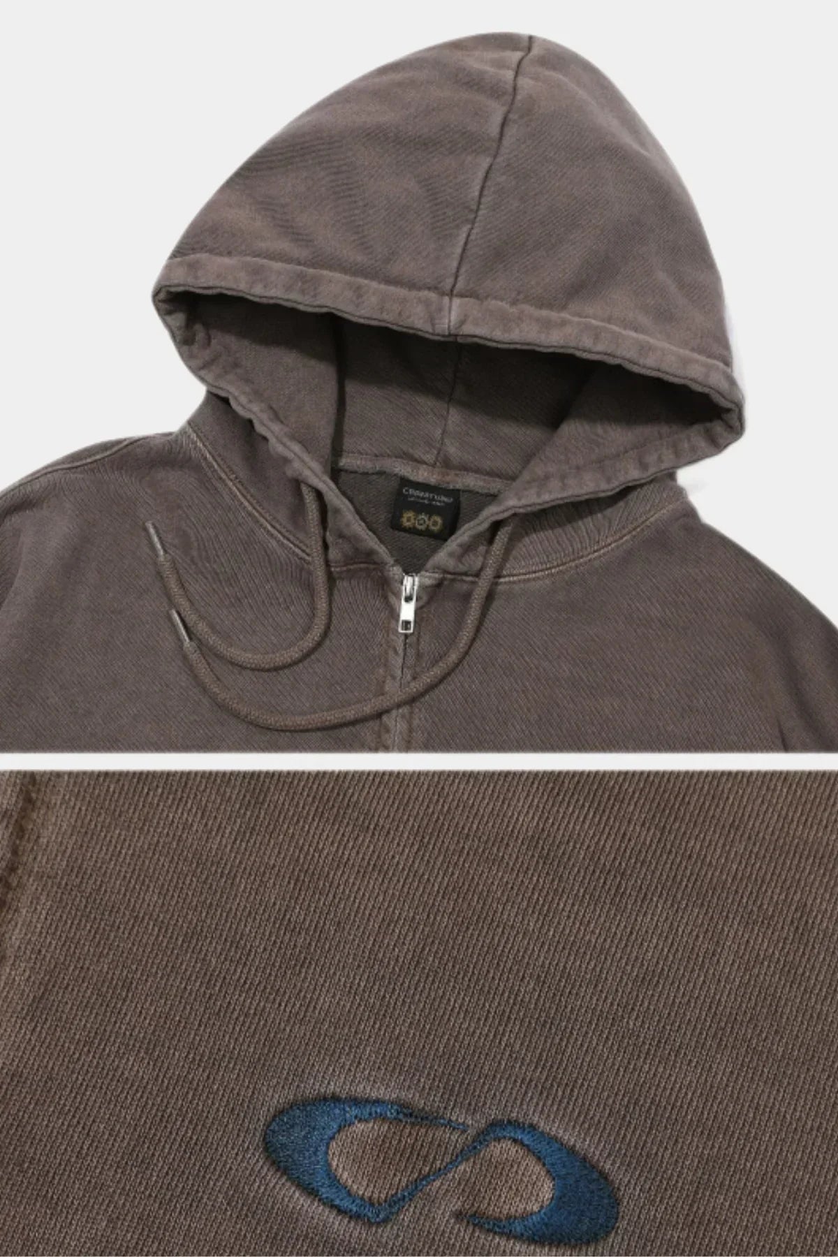 brown hooded zip-up sweatshirt with drawstrings and blue embroidered infinity logo detail
