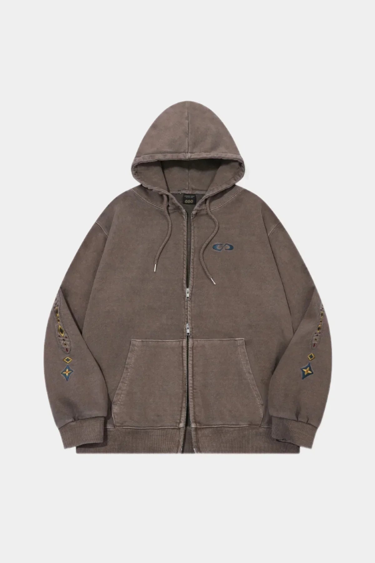Brown zip-up hoodie with embroidered sleeves and front pockets on white background