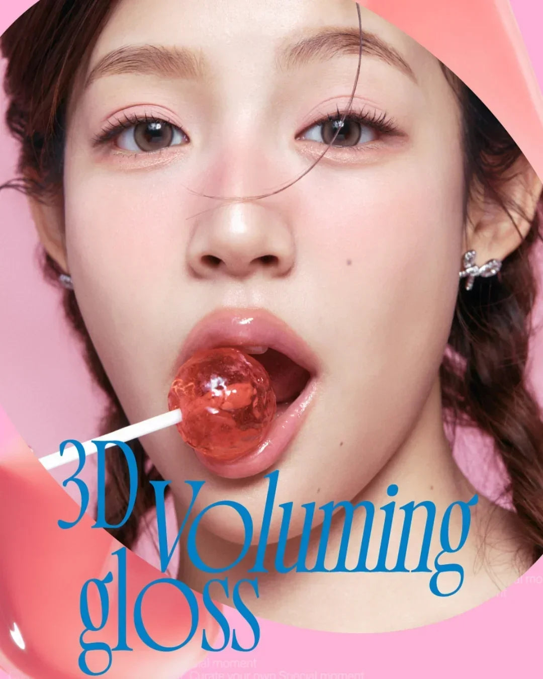 Close-up of woman with glossy lips holding a red lollipop, pink background, 3D volumizing gloss text