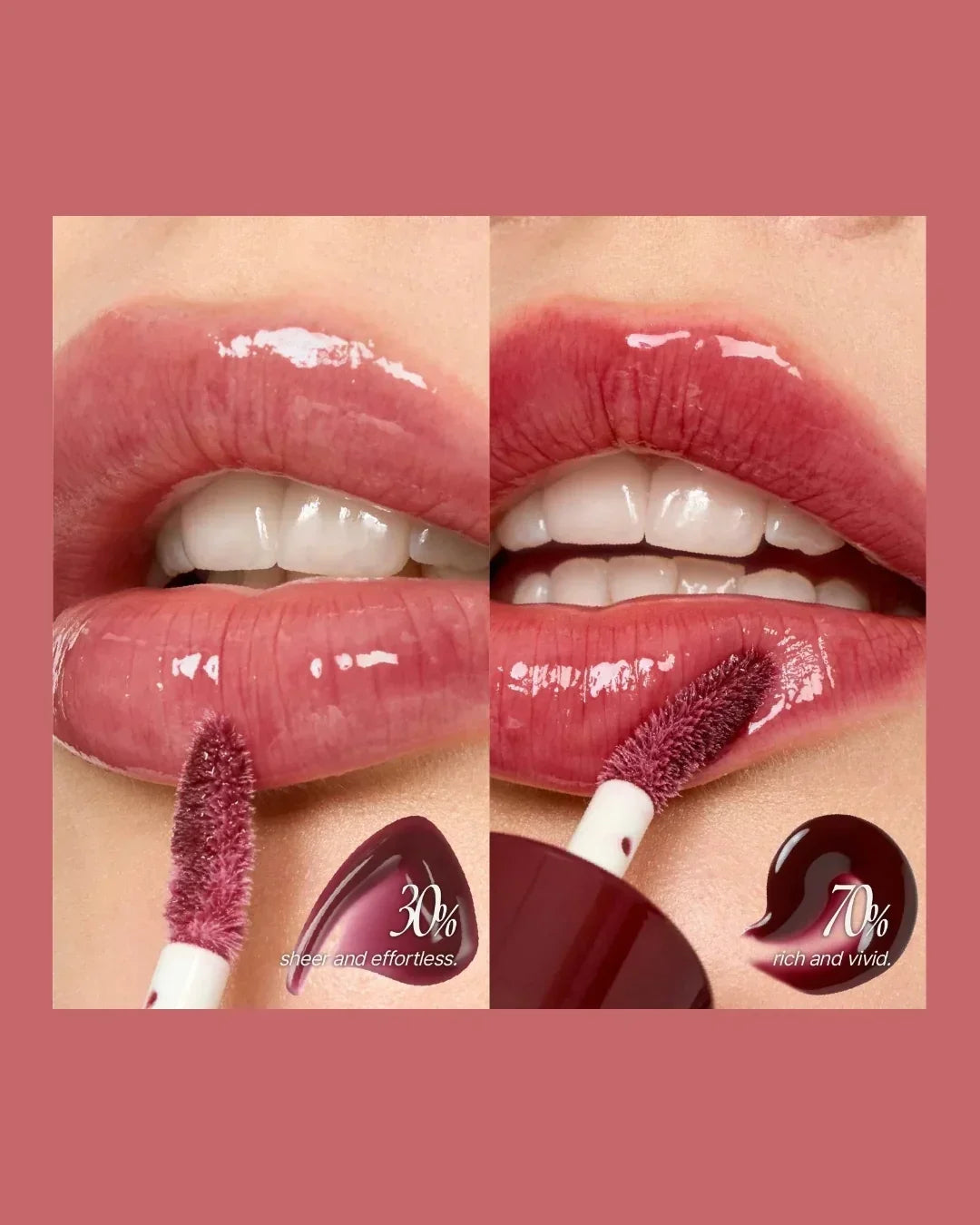 Close-up of lips showing two shades of 3D voluming gloss, 30% sheer and 70% rich applicator tips