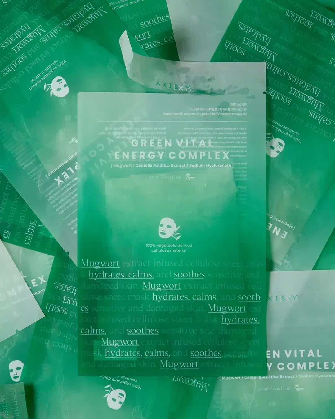 Green Vital Energy Complex sheet mask packaging with mugwort and hyaluronic acid for hydrating and soothing skin