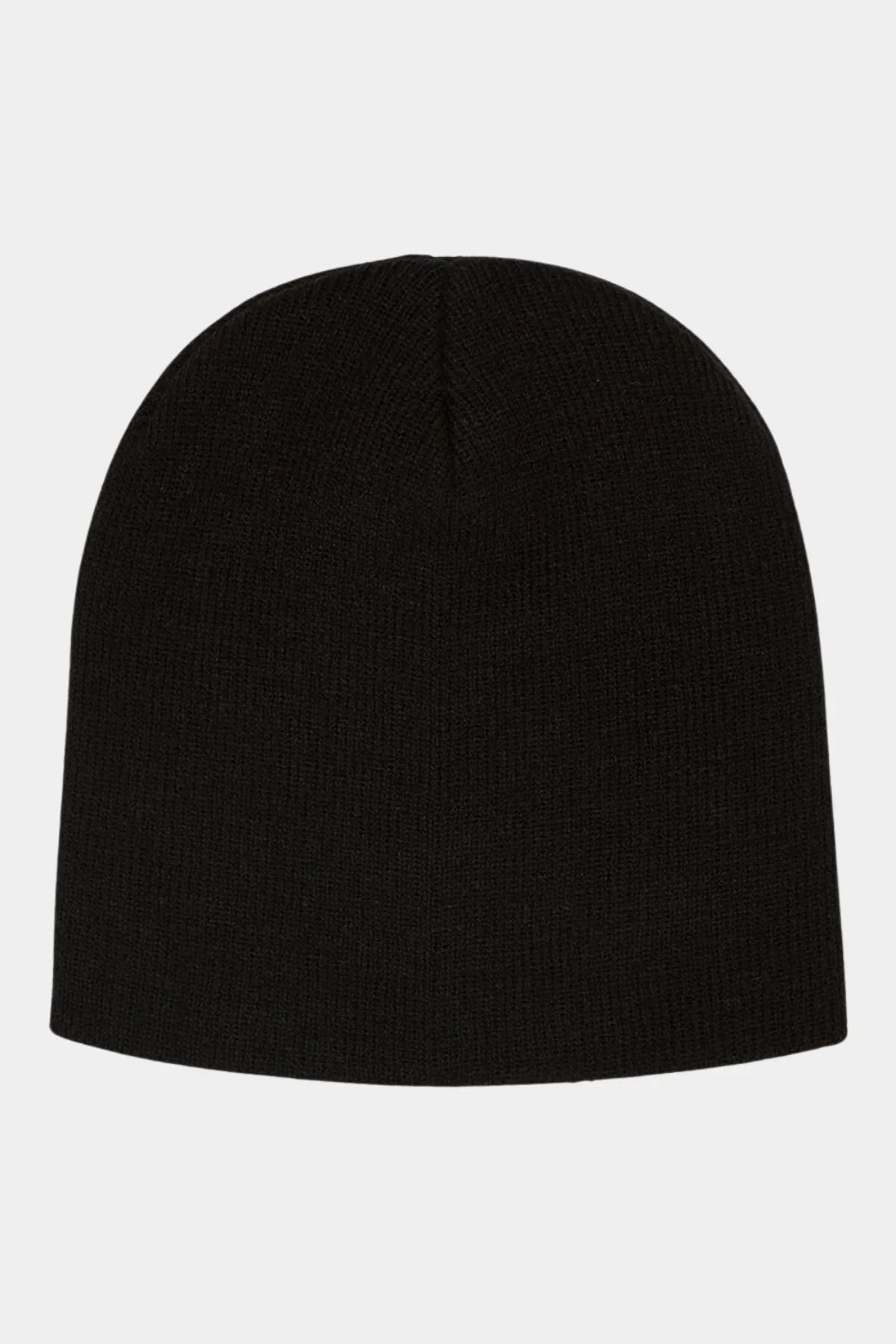 Black knitted beanie hat shown from the back on a plain white background