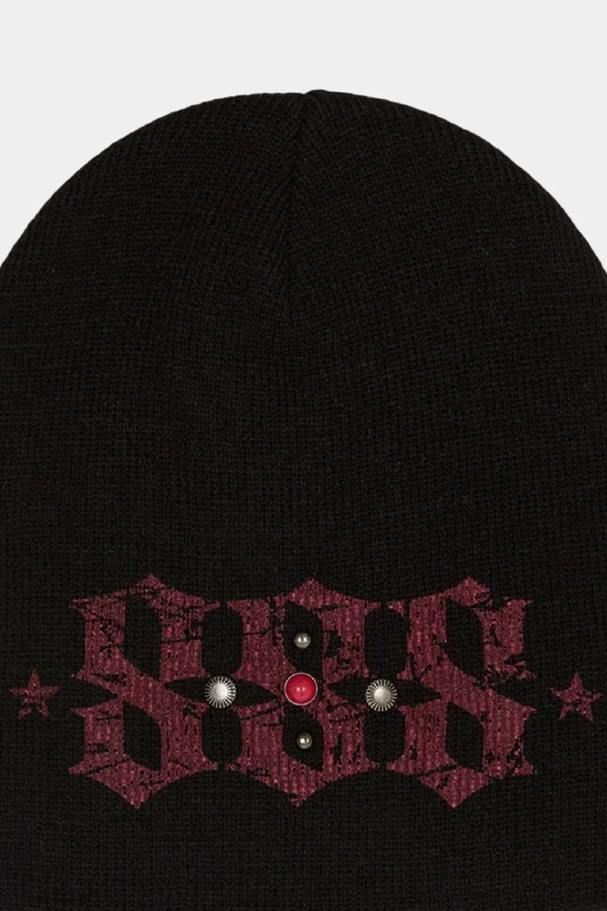 Black knit beanie with red distressed Gothic style SOSS logo and silver and red stud embellishments