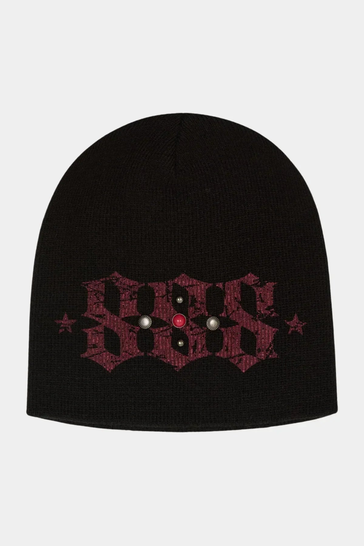 Black knit beanie with red gothic SOBS text and decorative metal studs on front