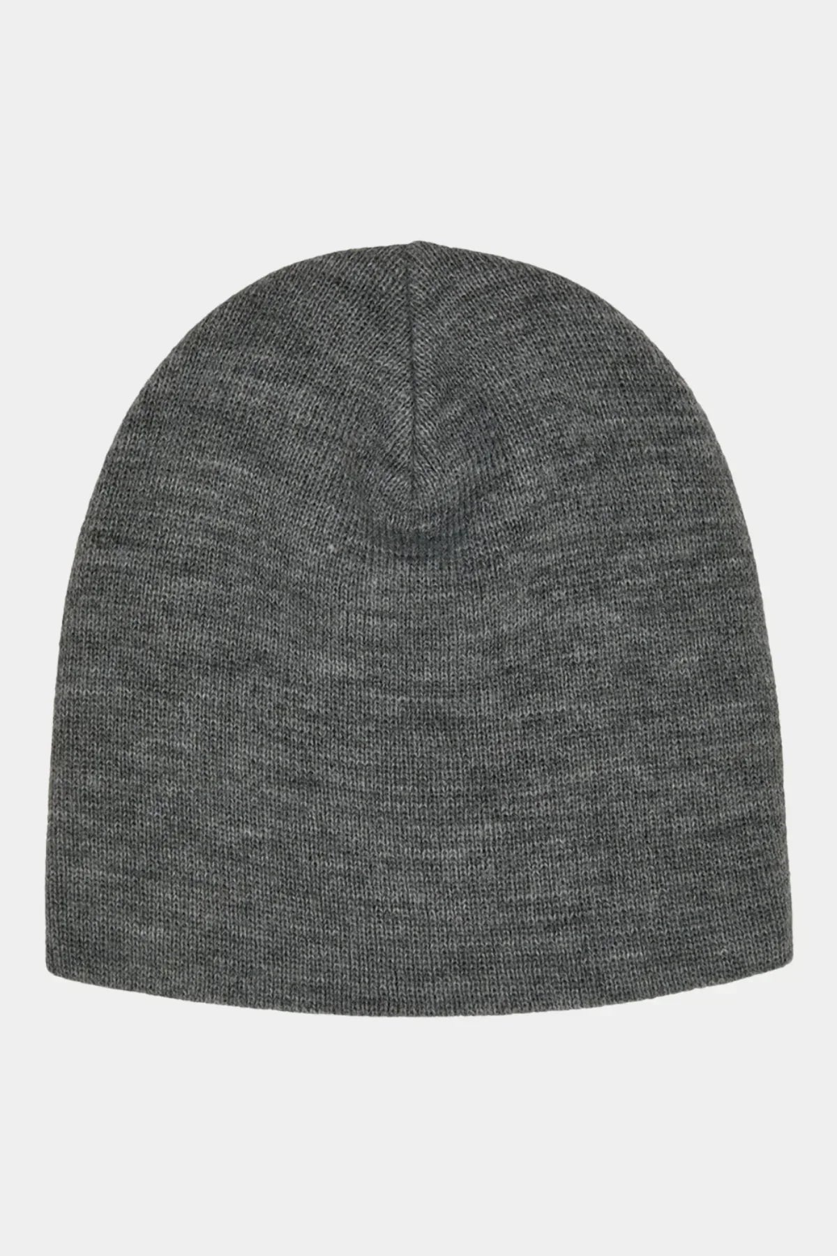 Back view of a plain grey knitted beanie hat on a white background