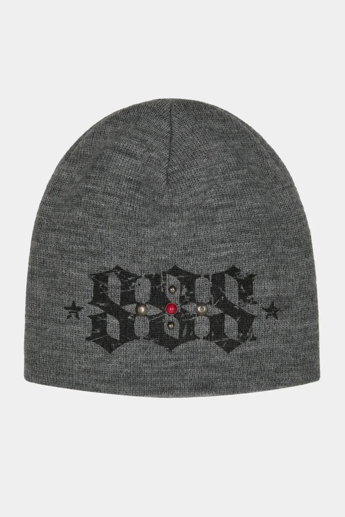 Grey knit beanie with black gothic-style print and metal stud embellishments on front