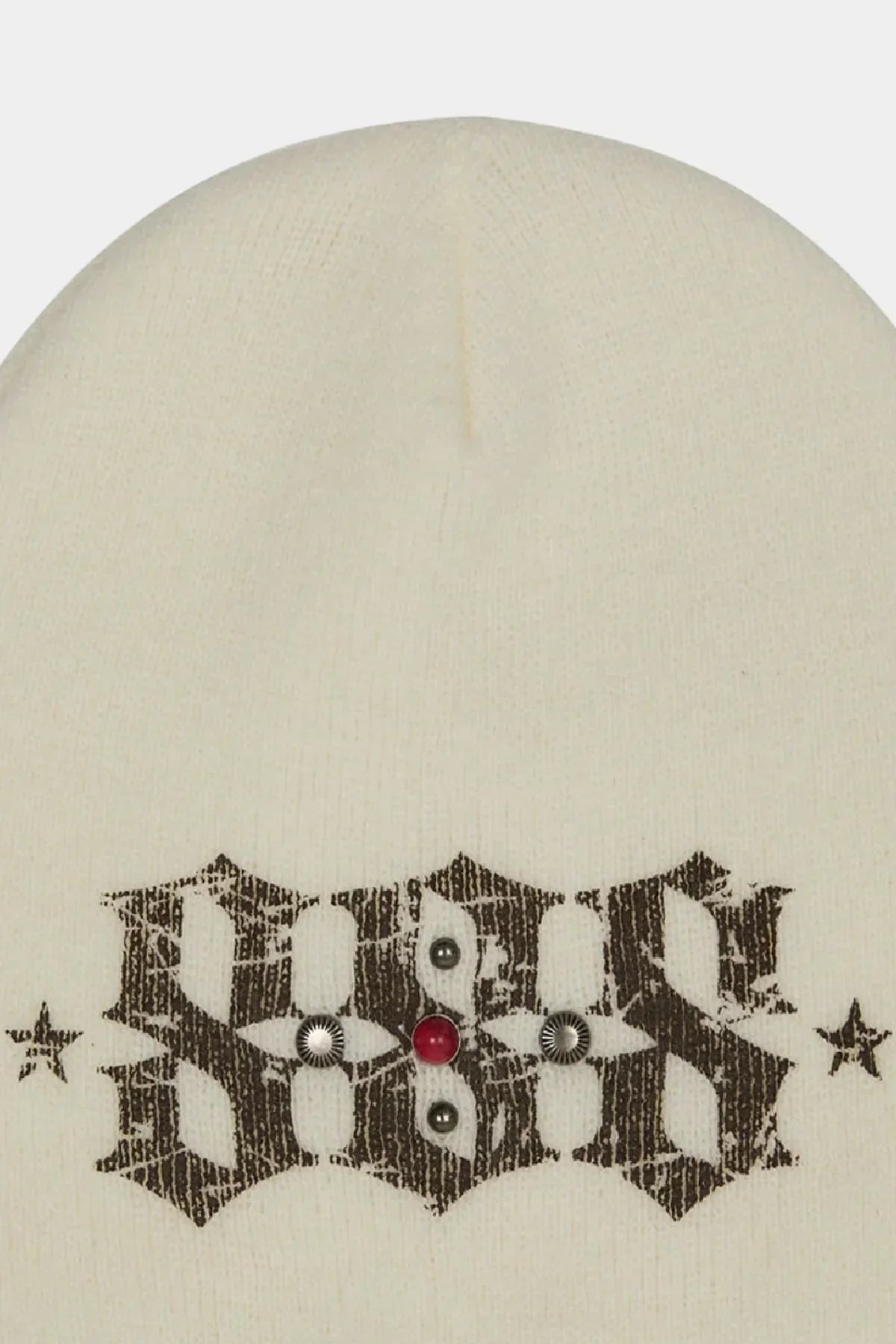 Ivory knit beanie with Gothic black print lettering and metal stud embellishments including one red stud