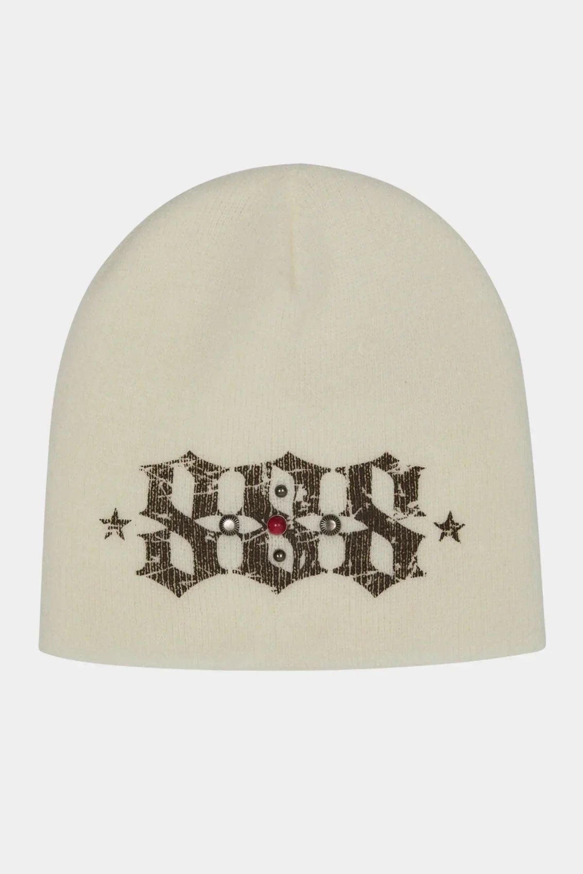 Ivory knit beanie with embellished Gothic black print and decorative metal studs