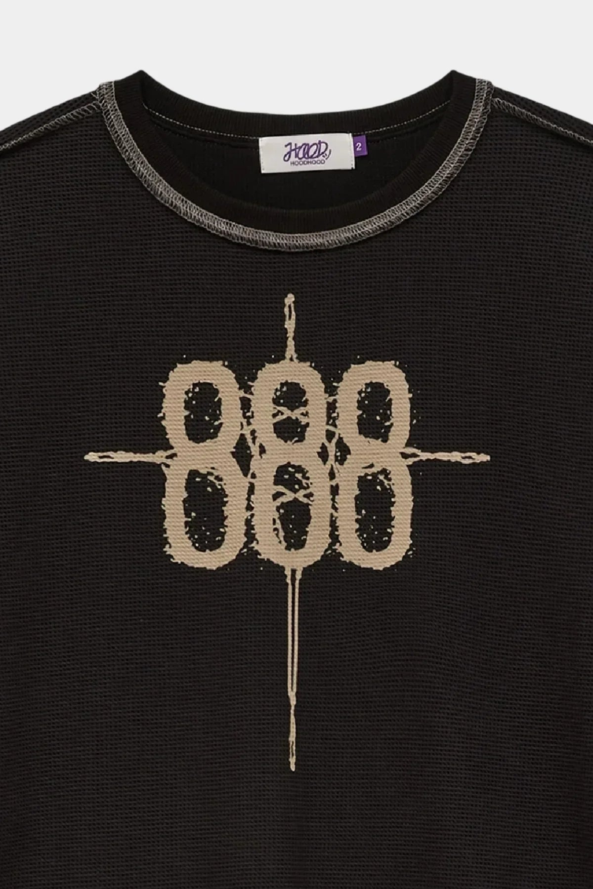 Black waffle long sleeve T-shirt with beige 888 graphic and contrasting gray neckline stitching