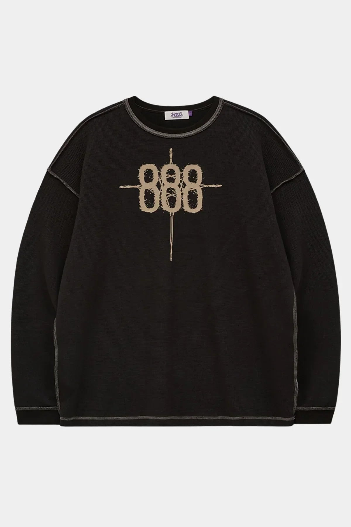 Black waffle knit long sleeve T-shirt with tan 888 logo and contrast stitching