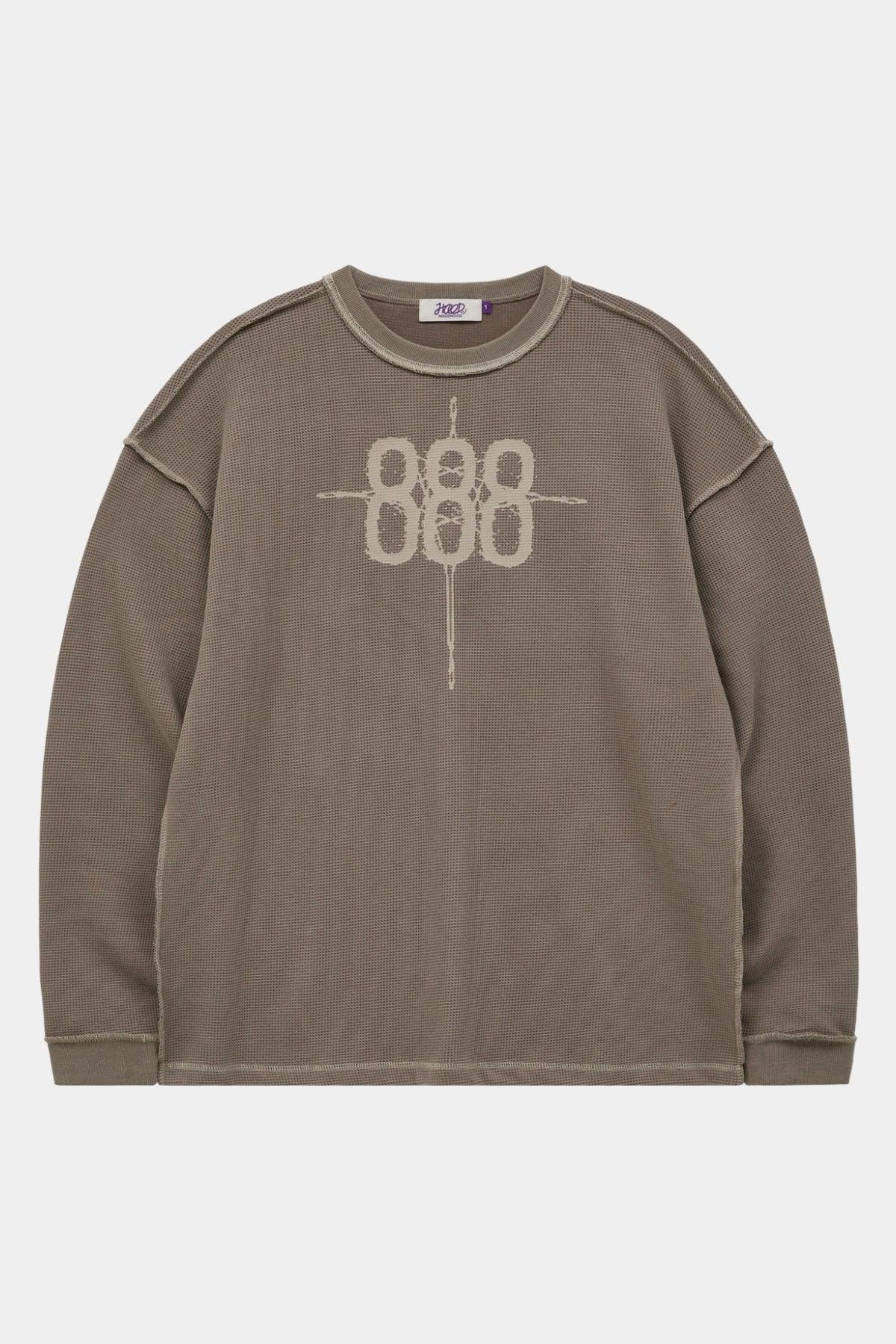Greyish beige waffle knit long sleeve t-shirt with 888 graphic on chest