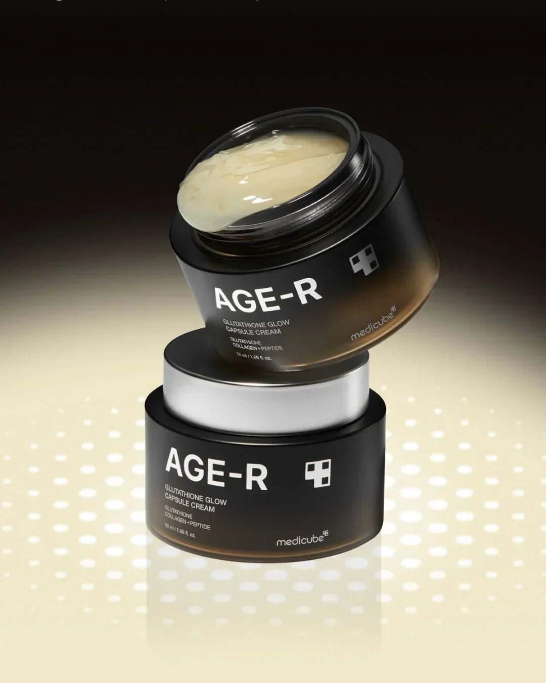 Medicube AGE-R Glutathione Glow Capsule Cream jars with open cream showing creamy texture