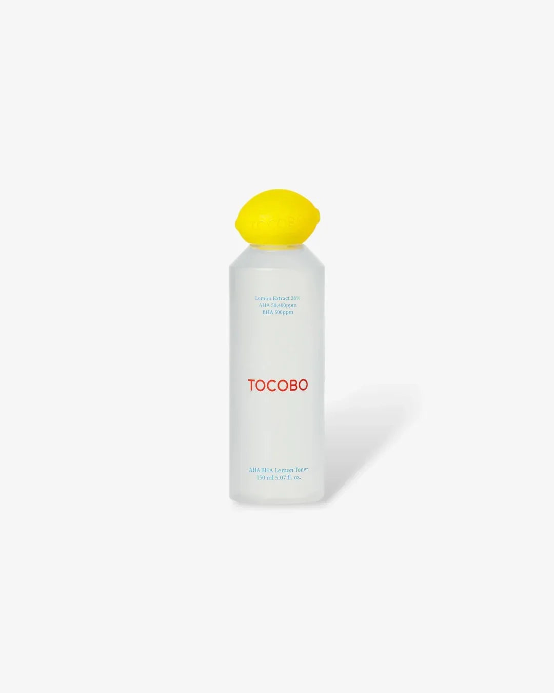 TOCOBO AHA BHA Lemon Toner 150ml bottle with bright yellow lemon-shaped cap on white background