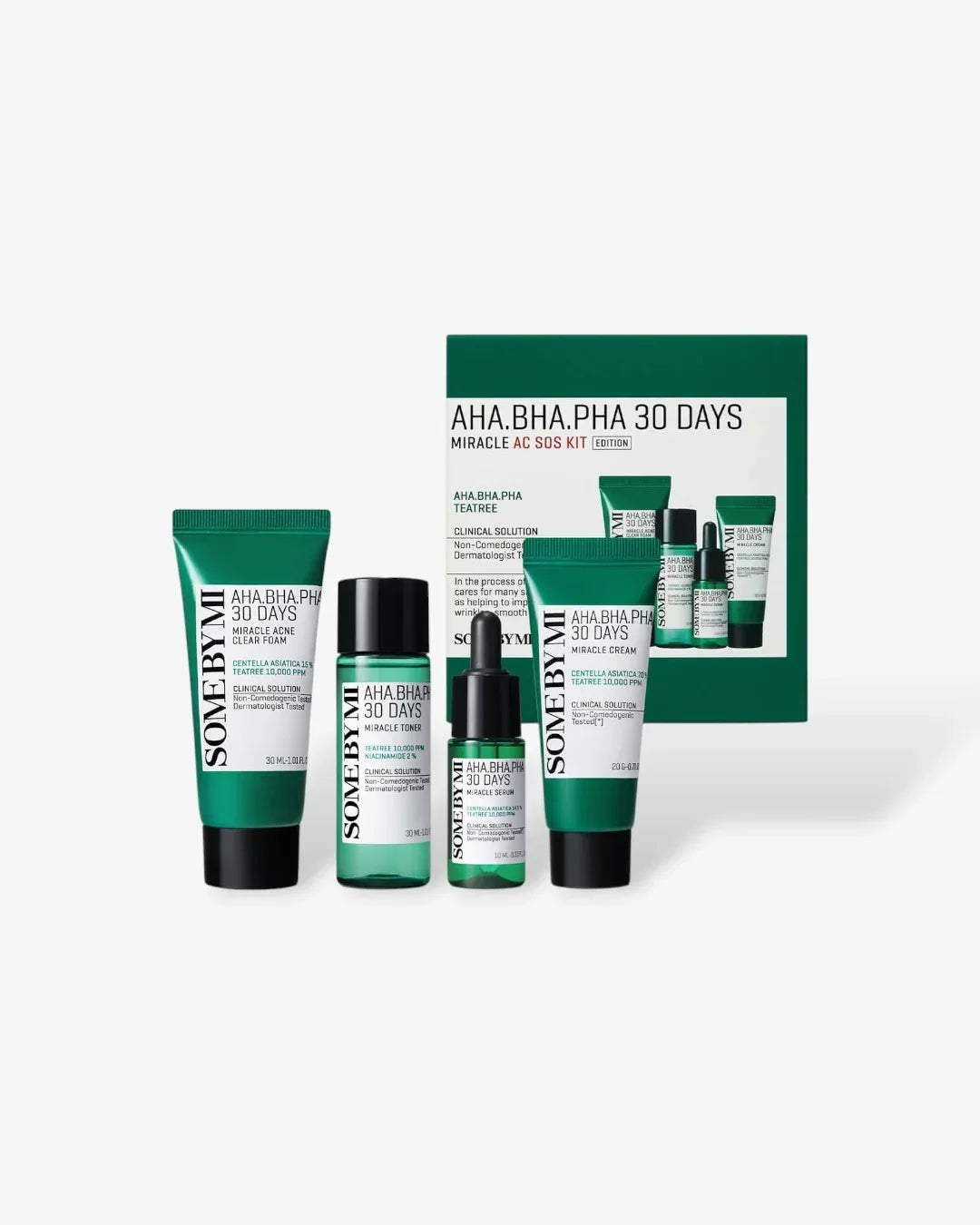 SOMEBYMI AHA.BHA.PHA 30 Days Miracle AC SOS Kit skincare set with foam, toner, serum, and cream on white background