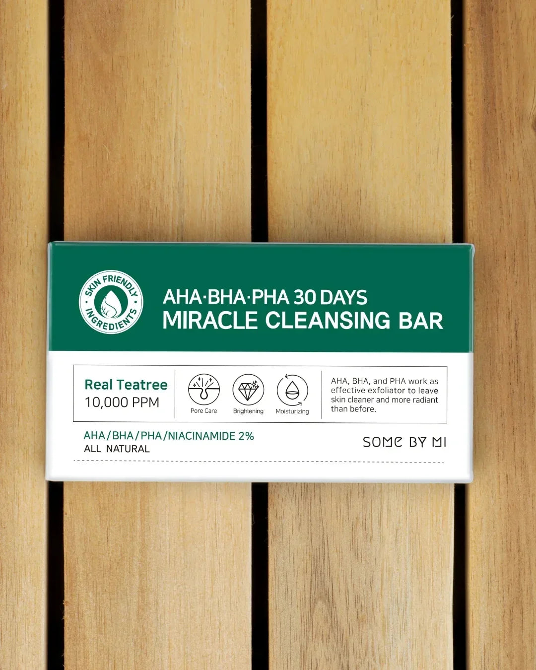 Some By Mi AHA BHA PHA 30 Days Miracle Cleansing Bar packaging with real teatree and natural exfoliating ingredients