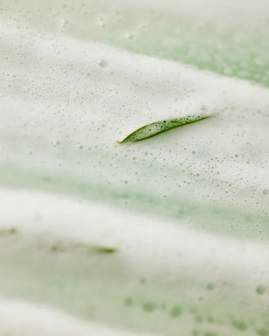 Close-up of foamy soap lather with a small green leaf embedded, highlighting natural cleansing