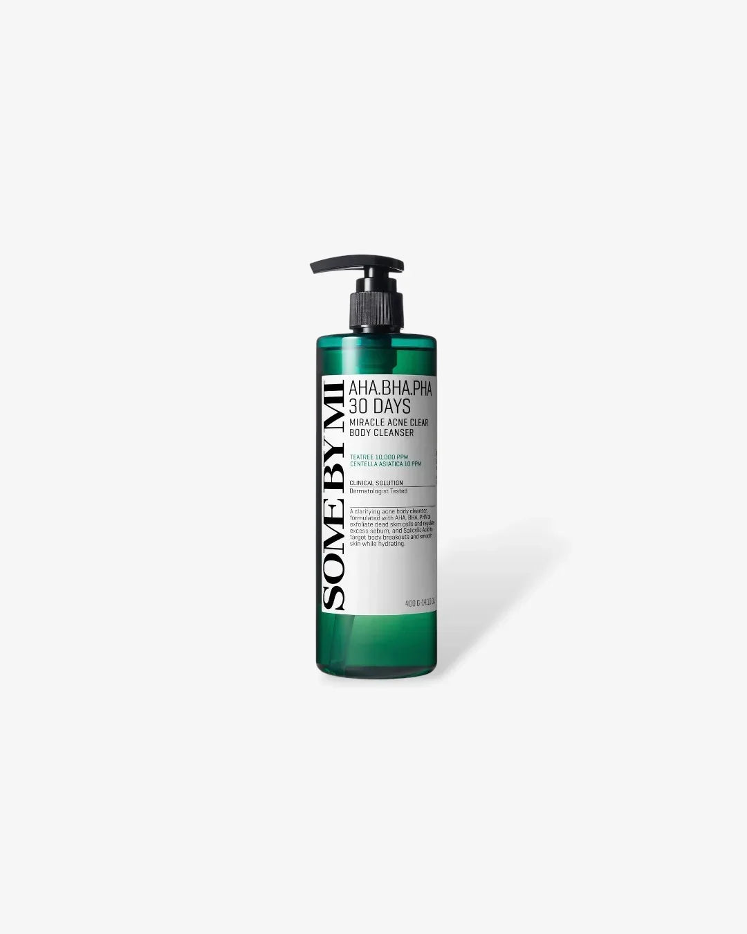 Green bottle of SOME BY MI AHA BHA PHA 30 Days Miracle Acne Clear Body Cleanser with pump on white background