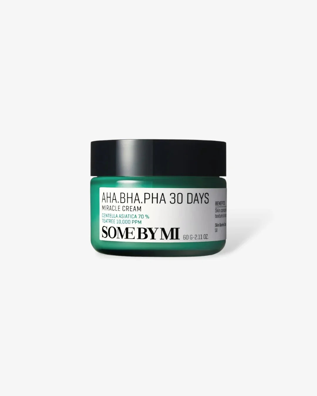 Some By Mi AHA BHA PHA 30 Days Miracle Cream in green jar with black lid