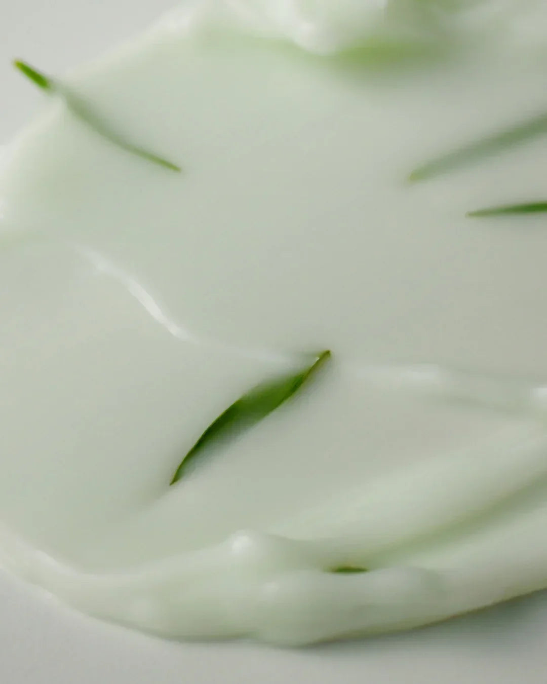 Close-up of creamy white skincare product texture with visible green aloe vera leaf pieces