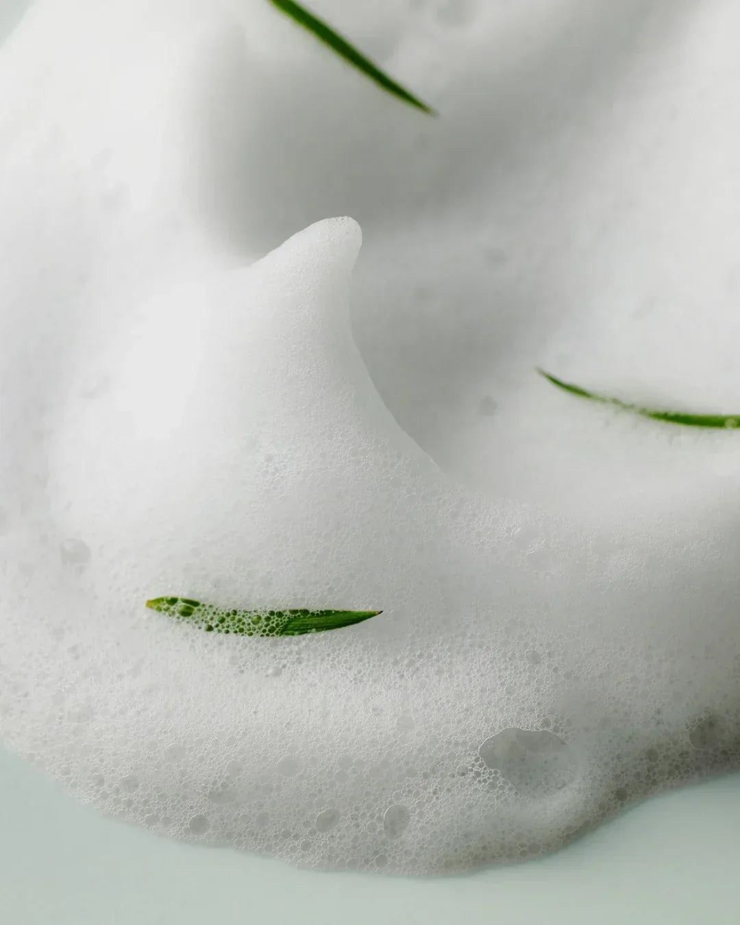 Close-up of white foamy texture with green aloe vera leaves embedded, skincare foam