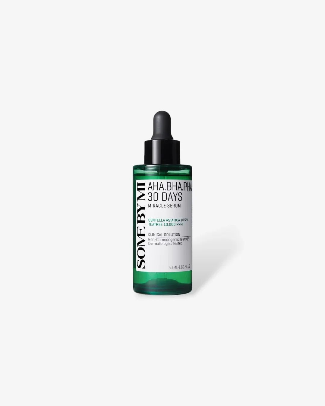50ml green glass bottle of SOME BY MI AHA BHA PHA 30 Days Miracle Serum with dropper on white background