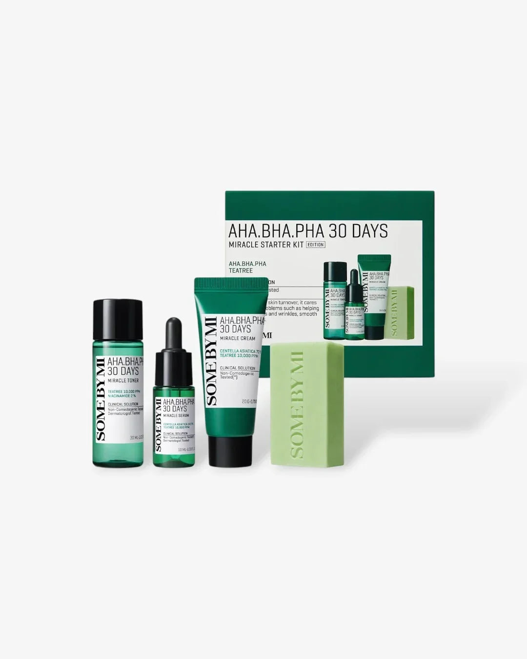 Some By Mi AHA BHA PHA 30 Days Miracle Starter Kit with toner, serum, cream, and soap on white background