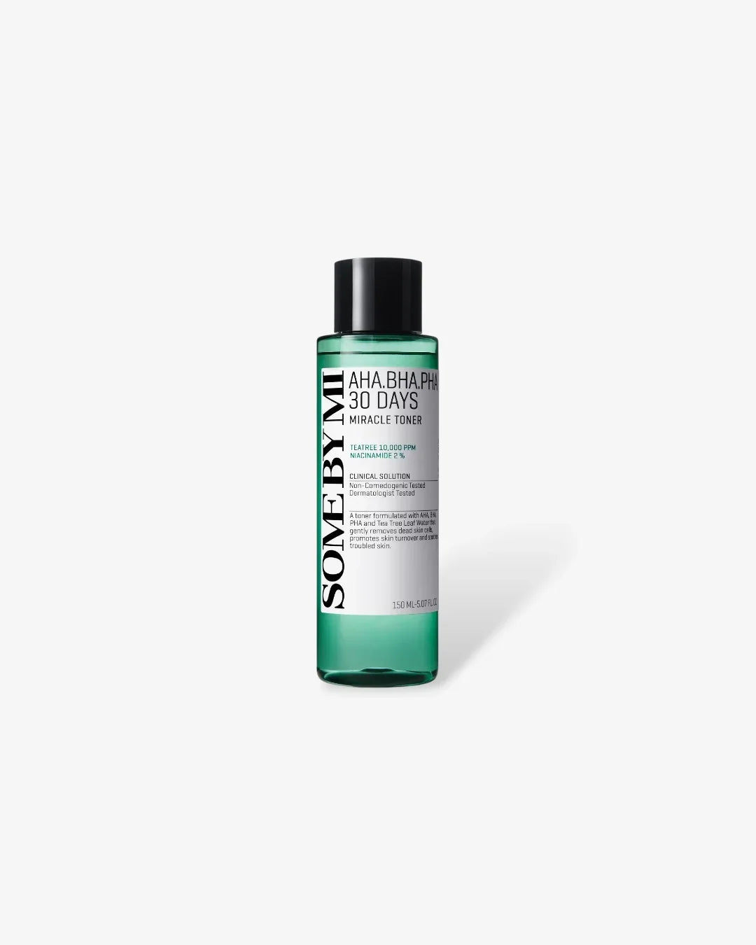 Green bottle of SOME BY MI AHA BHA PHA 30 Days Miracle Toner 150ml on white background