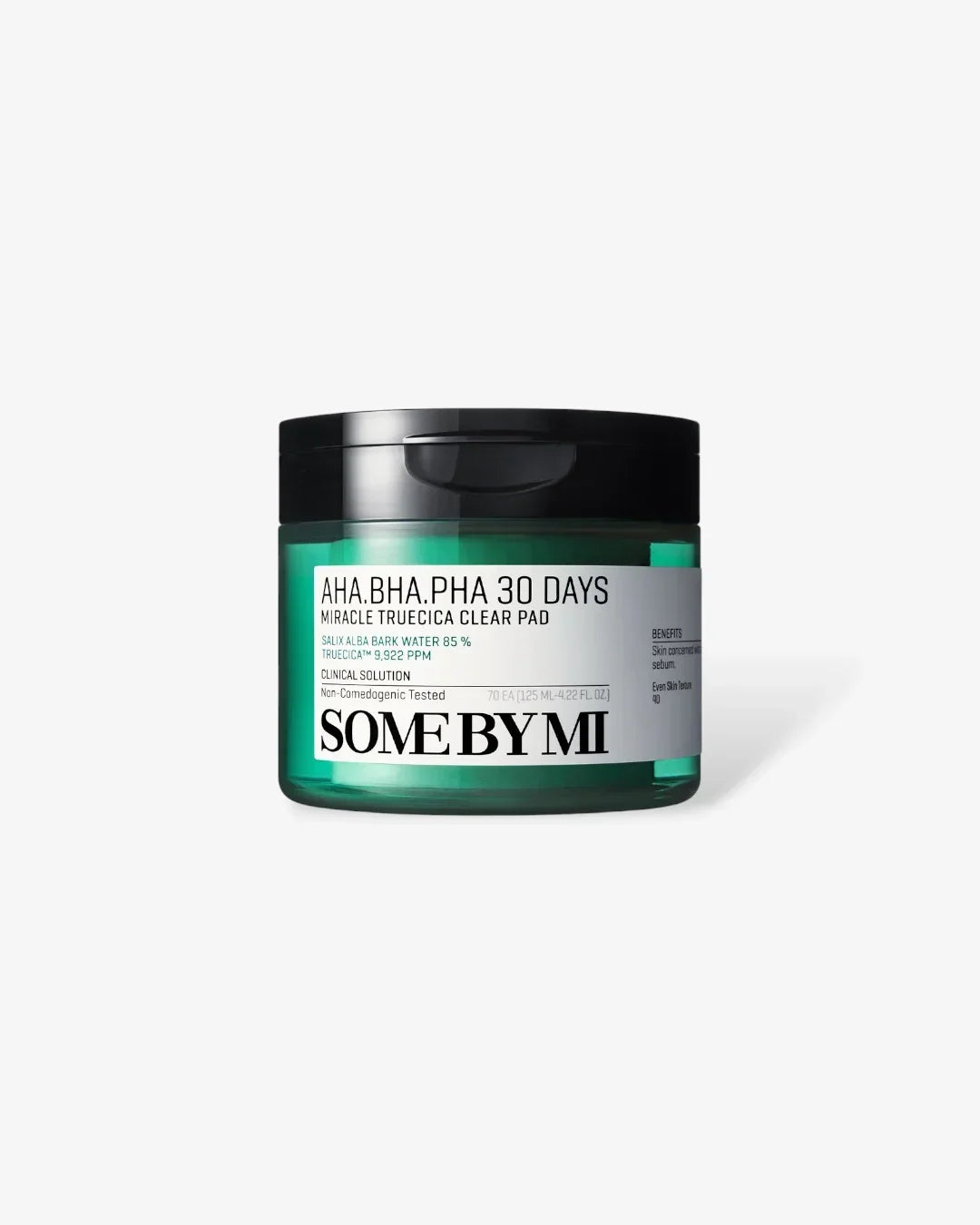 Some By Mi AHA BHA PHA 30 Days Miracle Truecica Clear Pad in green jar with black lid