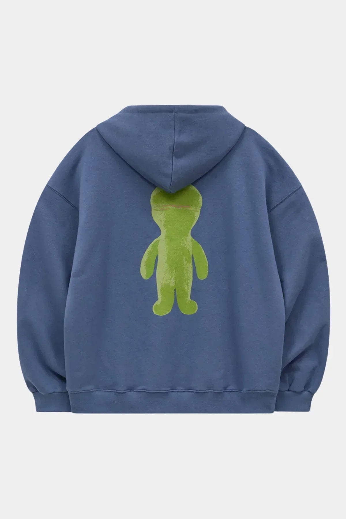 Dust blue hoodie with large green alien graphic on back, casual streetwear sweatshirt