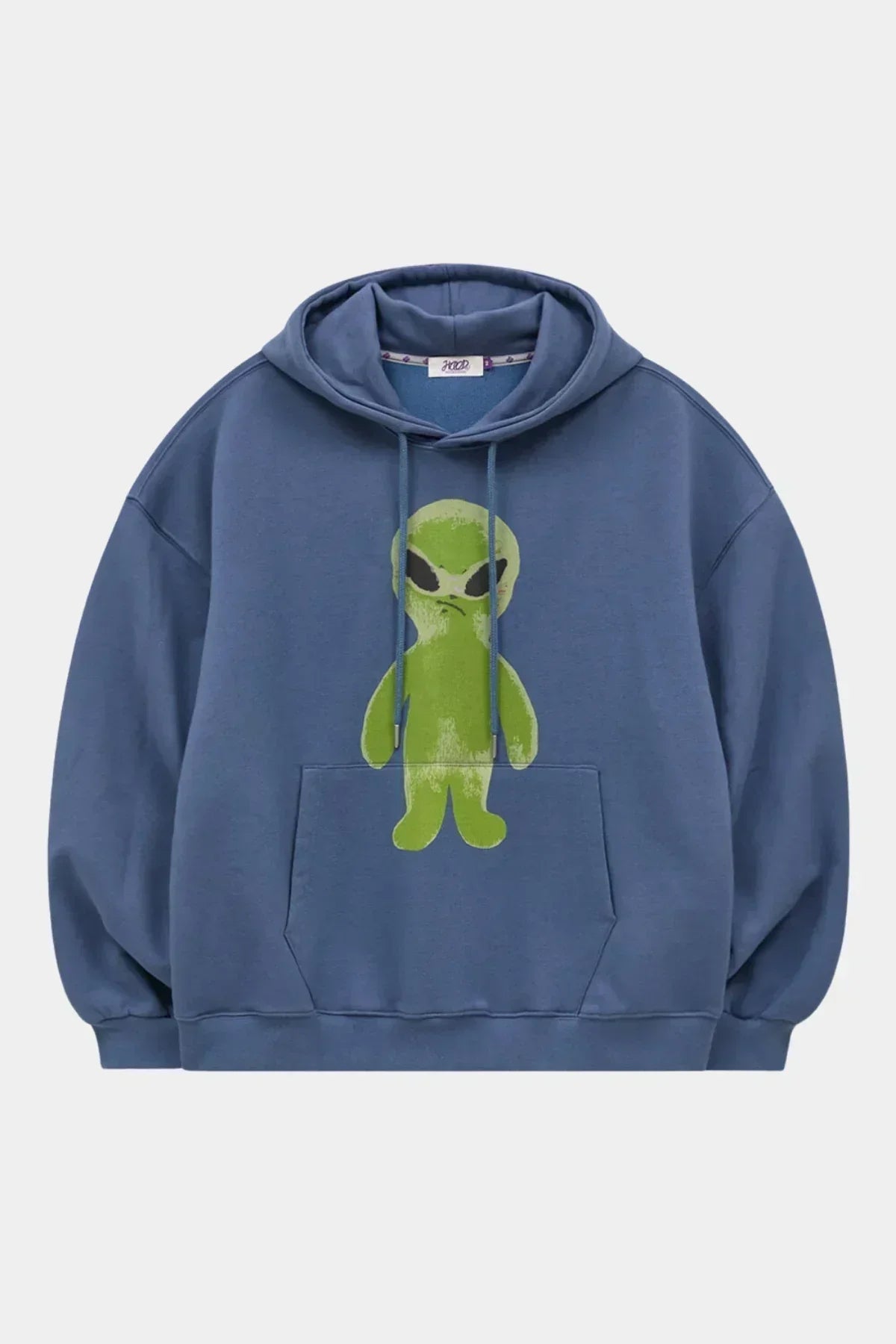Dust blue hoodie with front pocket featuring a green alien graphic print and drawstring hood