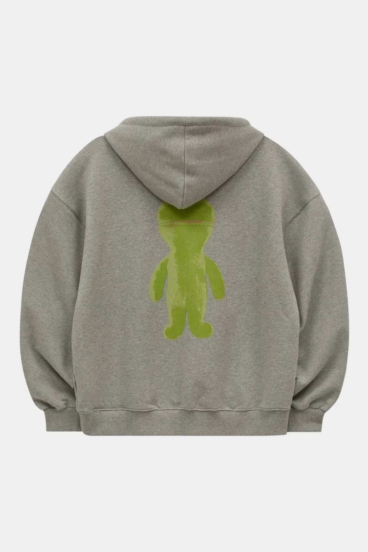 Grey hoodie with a green fuzzy alien figure graphic on the back, casual streetwear fashion