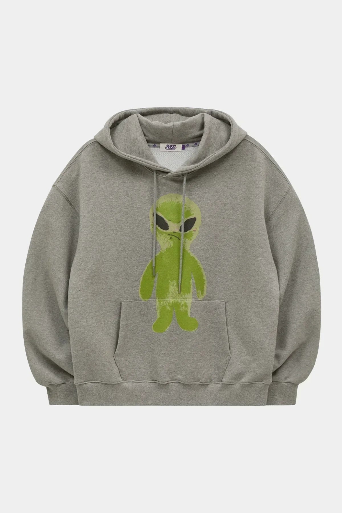 Grey hoodie with front pocket featuring a large green alien graphic and drawstring hood