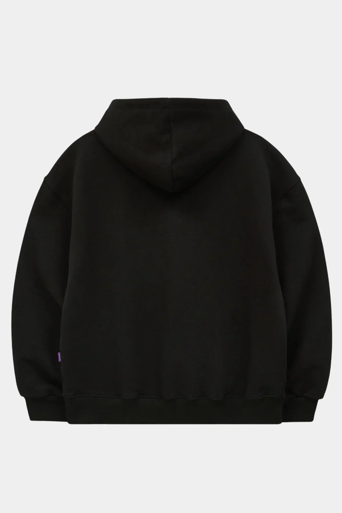 Black hoodie shown from back with hood and long sleeves on white background