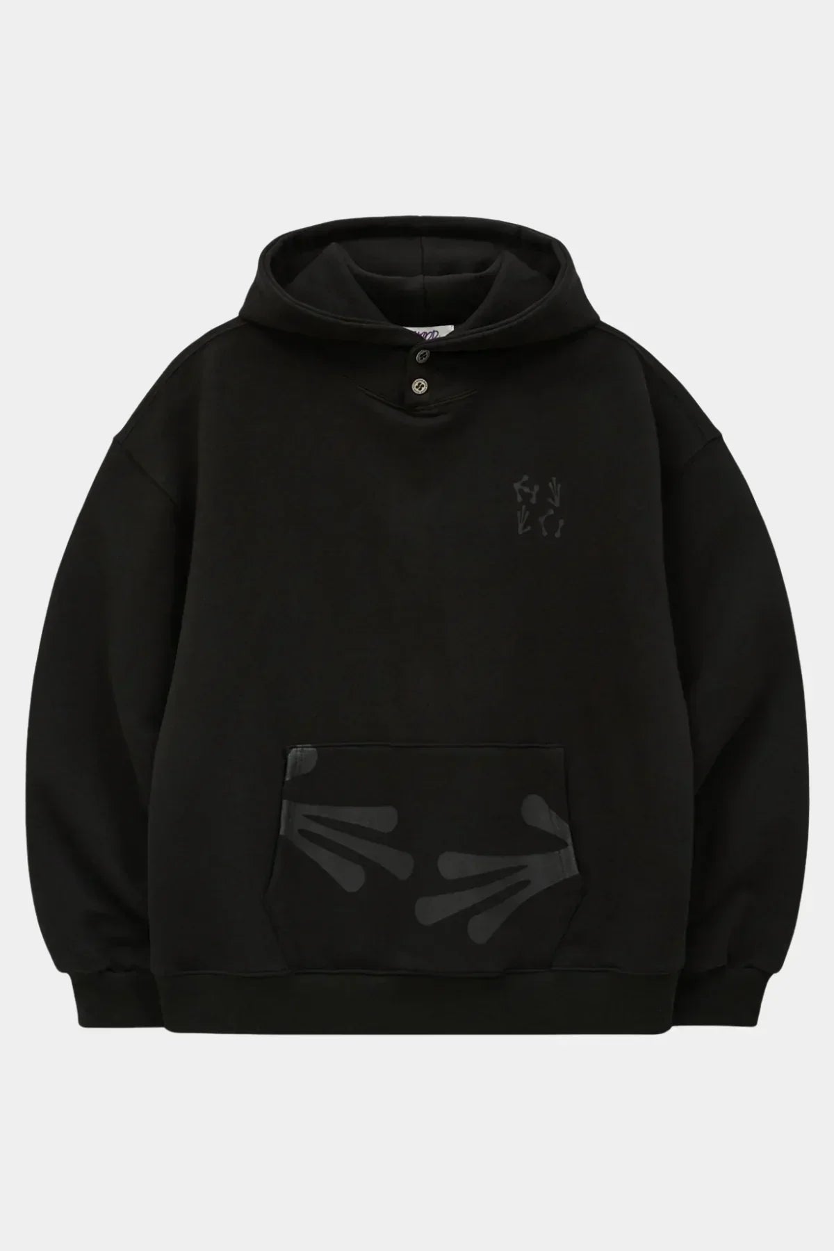 Black hoodie with alien handprint designs on front pocket and chest, buttoned collar hoodie