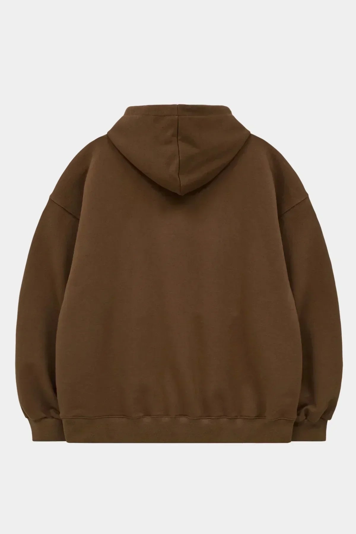 Brown hoodie sweatshirt displayed from the back with long sleeves and a hood