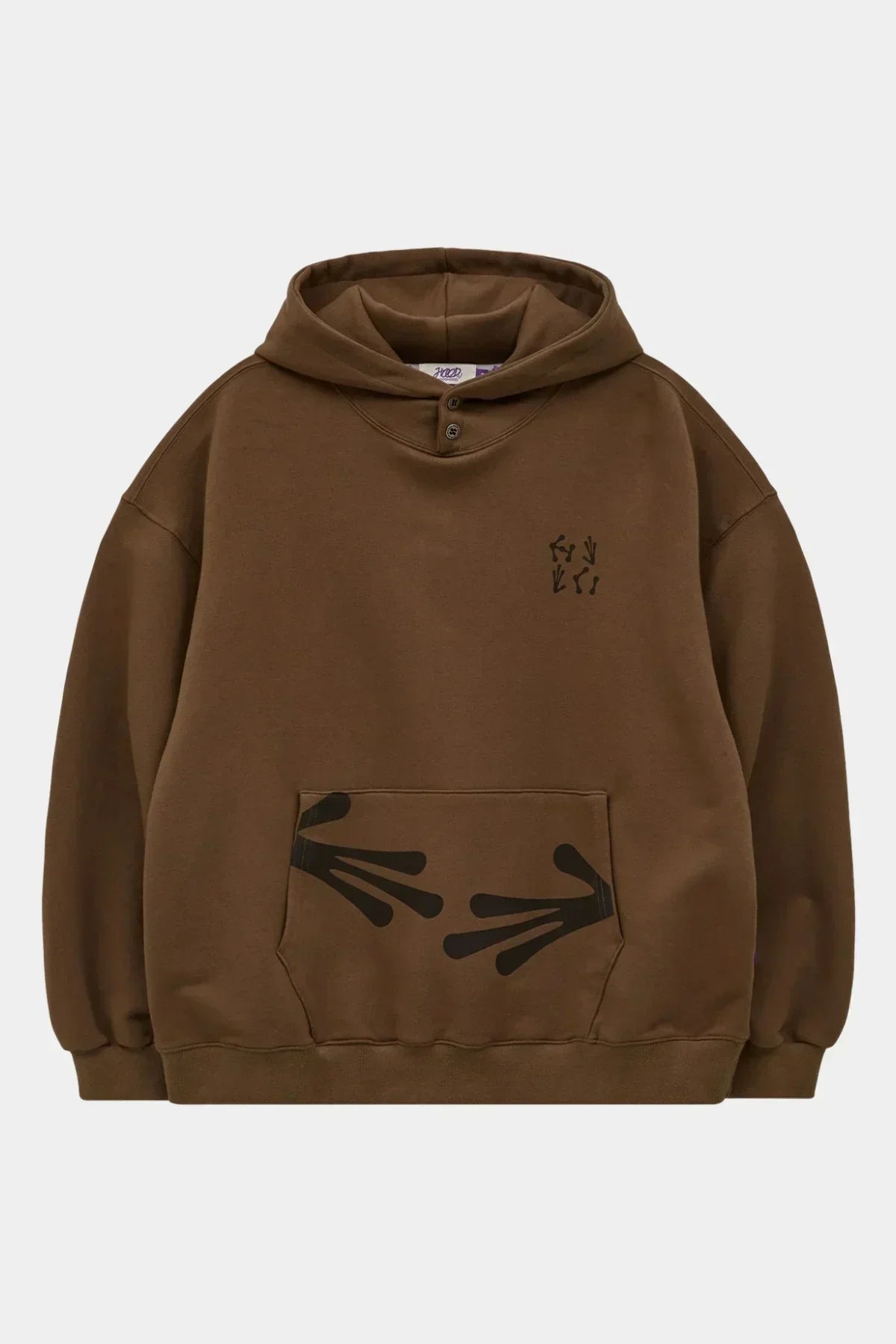 Brown hoodie with alien hand prints on front pocket and chest, featuring buttoned collar and hood