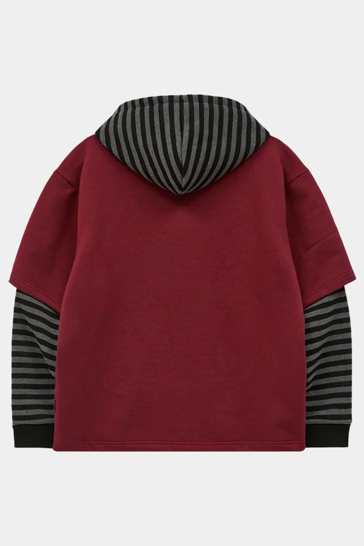 Back view of burgundy hoodie with black and gray striped hood and long sleeves
