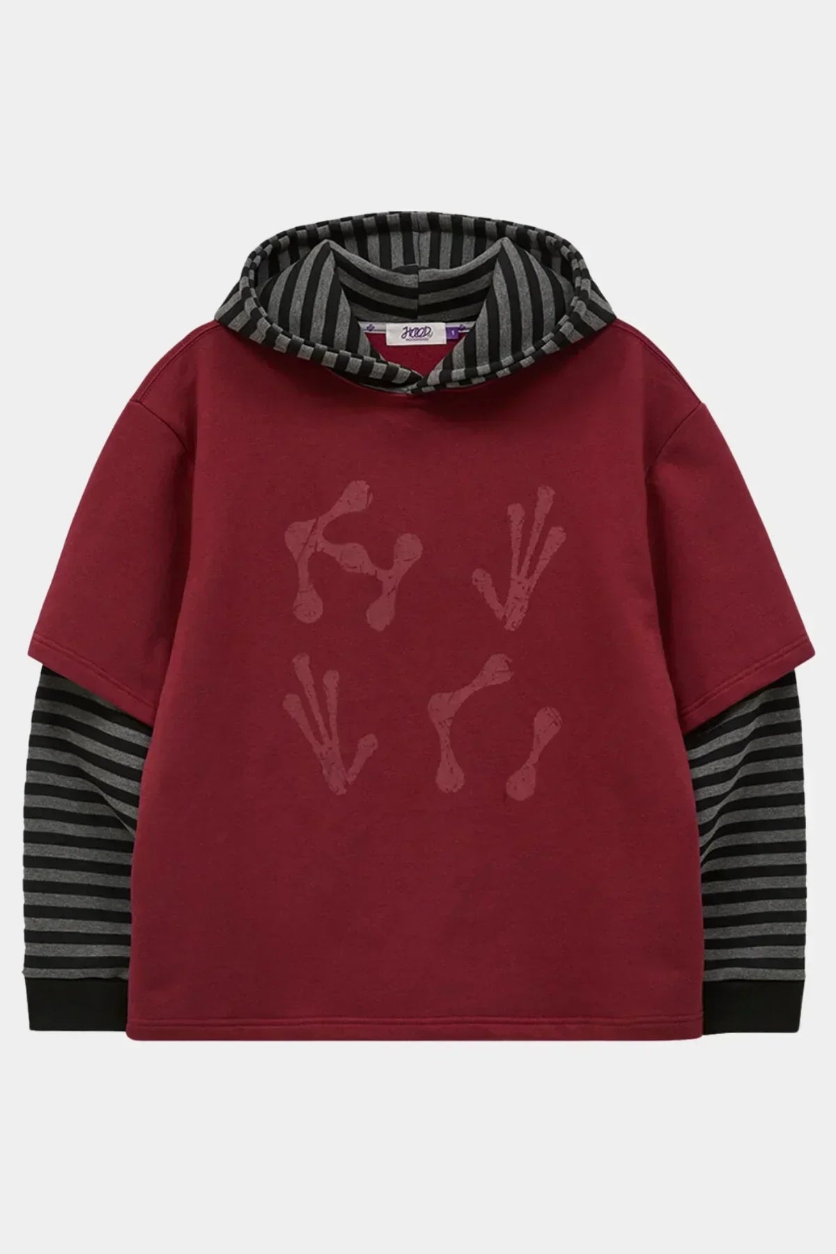 Burgundy hoodie with layered black and gray striped long sleeves and alien handprint design