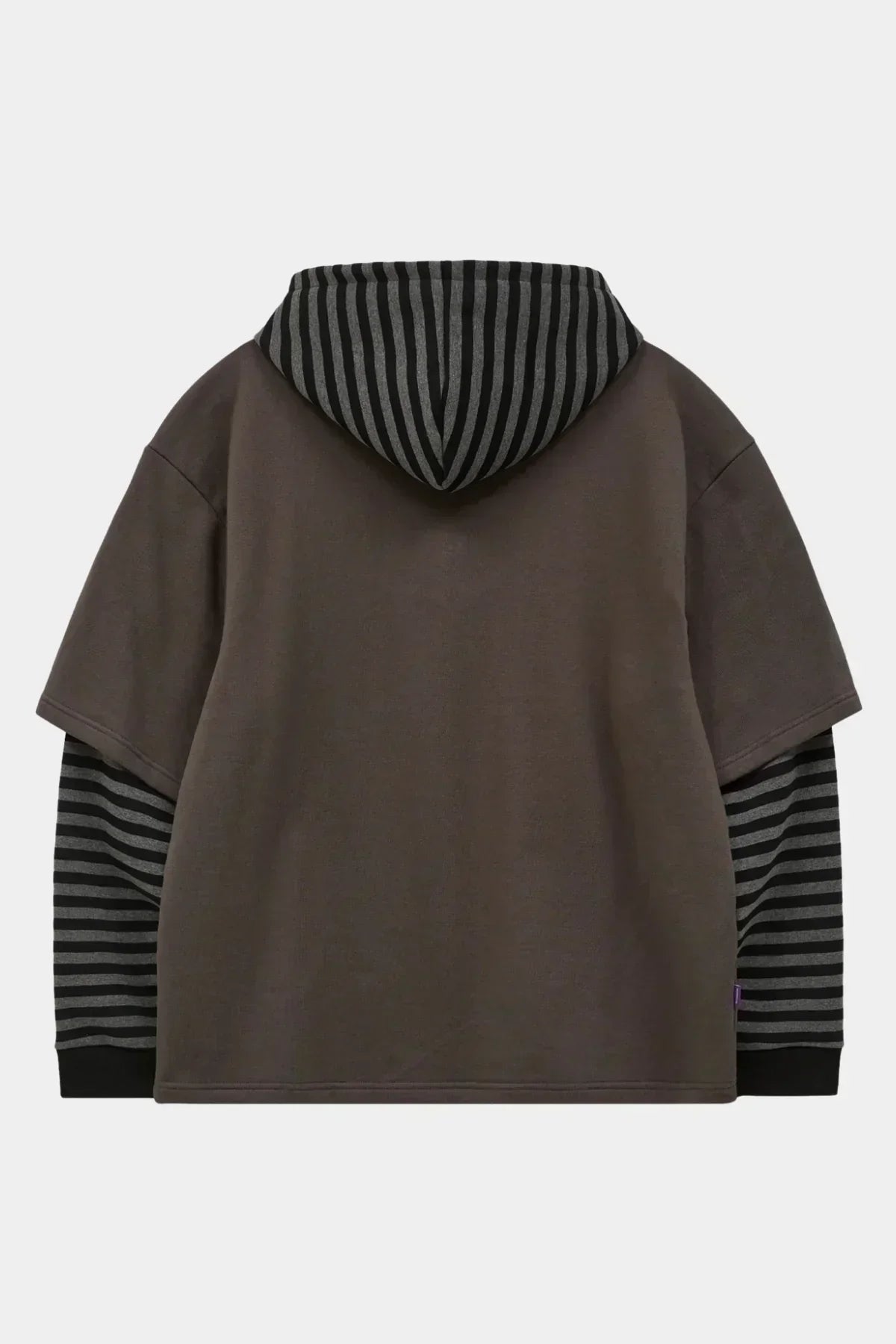 Back view of charcoal layered hoodie with black and gray striped hood and sleeves