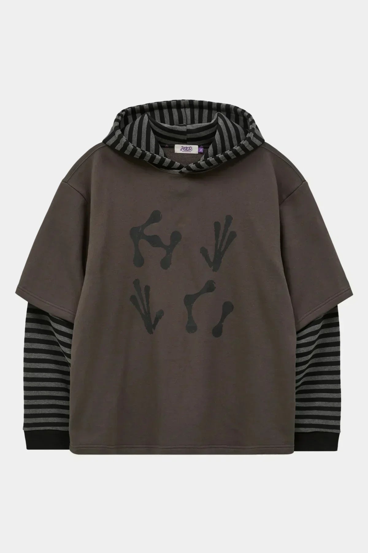 Charcoal layered stripe hoodie with alien hand print and black-gray striped sleeves